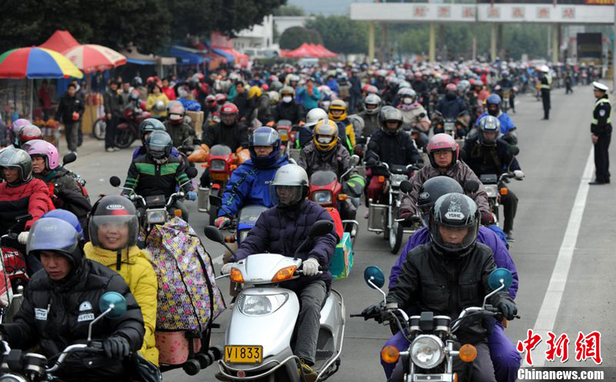 A photo taken on Jan 27 2011 in Zhaoqing City, Guangdon Province shows a group of migrant workers ride motorcycles back to their hometown for Spring Festival. [Photo/Chinanews.com]