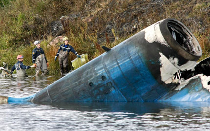 Rescuers at work near the city of Yaroslavl on the Volga River about 240 kilometers northeast of Moscow where a Russian Yak-42 jet crashed while taking off. The Russian Emergency Situations Ministry said the plane was carrying the Lokomotiv ice hockey team from Yaroslavl.